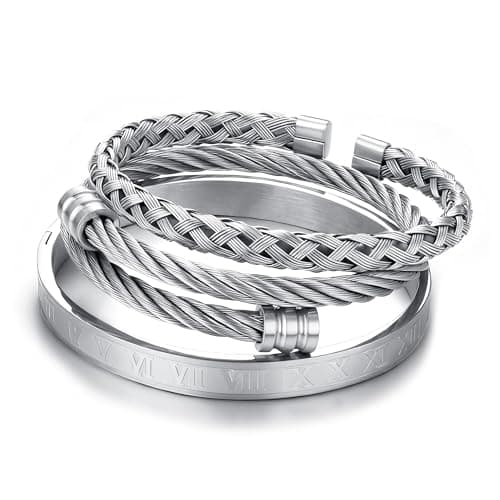 Image of JeweBella 3PCS Bangle Bracelets for Men Stainless Steel Luxury Roman Numeral Bangle Bracelet Adjustable Cuff Bracelet Set Silver/Gold/Black