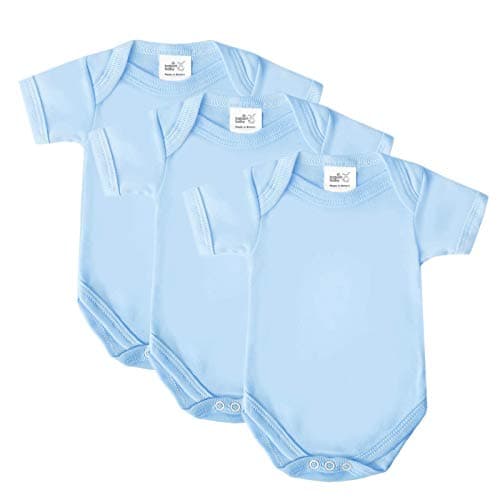 Image of Baby Bodysuits, Baby Vests, Newborn Vests, Cotton Short Sleeved, British Made for Boys or Girls, 3 Pack, Blue, Newborn