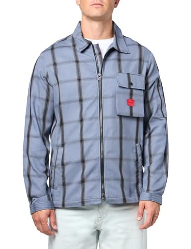 Image of Hugo Men's Cotton Mix Canvas Zip Up Overshirt, Amalfi Blue Plaid, XL