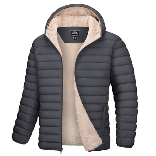 Image of MAGCOMSEN Mens Coats Puffer Winter Sherpa Lined Down Jacket Casual Waterproof Quilted Padded Warm Hooded Parka,Dark Grey,XL
