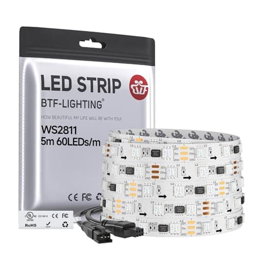 Image of BTF-LIGHTING WS2811 IC Addressable Dream Color LED Strip 16.4FT 60LEDs/m 20Pixels/m 300LEDs 100pixels IP30 Non-Waterproof White PCB Flexible DC12V Chasing Effect for Bedroom Desk Home Decoration