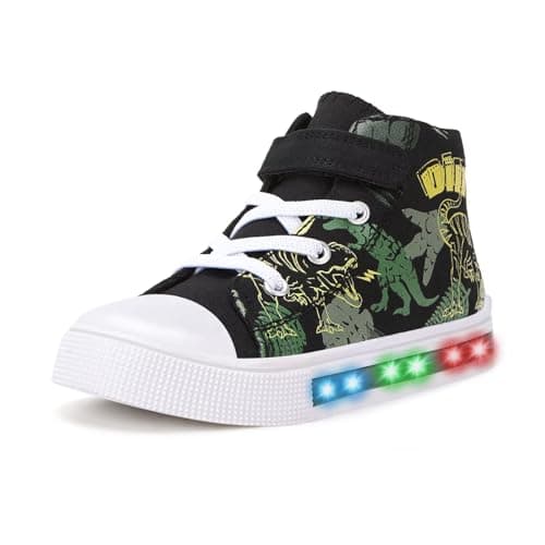 Image of Boys Trainers Kids High-Top Flashing Canvas Shoes Unisex Child Light Up Lightweight Casual Shoes Green Dino Size 11
