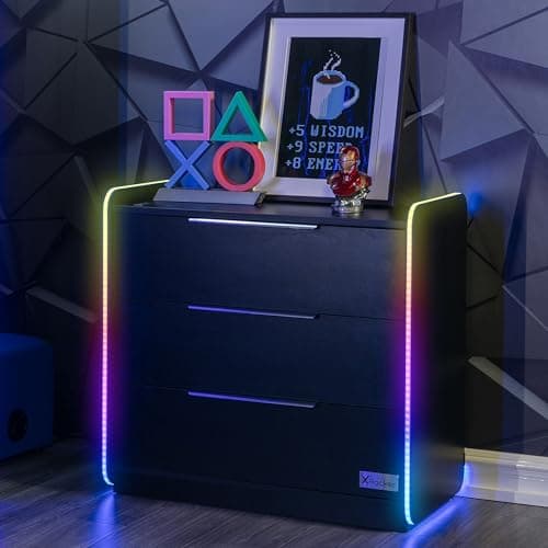 Image of X-Rocker Electra 85cm x 43cm, RGB LED Chest of Drawers - Neo Motion™ Sync App Controlled LED Lights, 3 Drawer, Free Standing, Durable Wooden Frame for Kids & Teens - Black