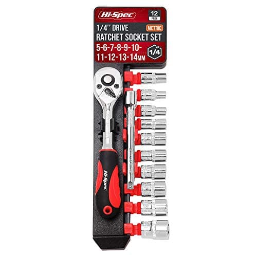 Image of Hi-Spec 12pc 1/4 Inch Metric Socket Set with Ratchet Wrench & Extension Bar for Home DIY and Car Garage Mechanic 5 to 14mm