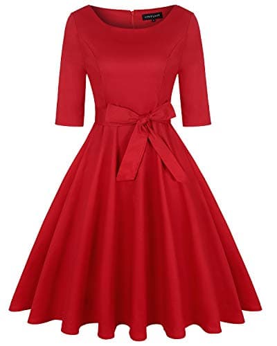 Image of MINTLIMIT Women's Vintage Floral Flared A-Line Swing Casual Party Dresses with Pockets(Plain Red,Size M)