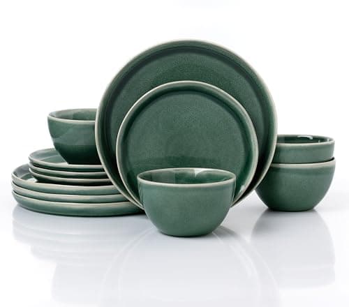 Image of Waterside 12pc Reactive Glaze Green Stoneware Dinner Set; 4 Dinner Plates, Side Plates and Deep Bowls - Dishwasher & Microwave Safe