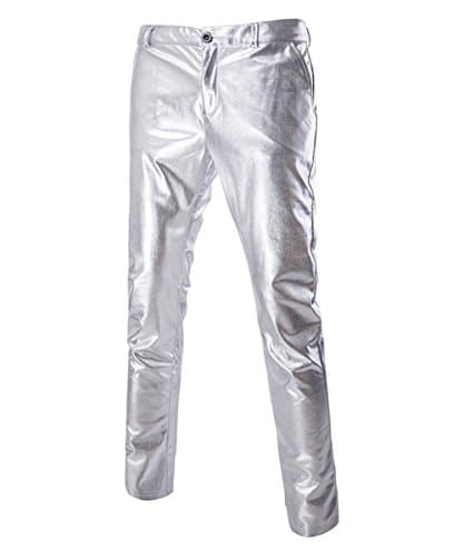 Image of Sliktaa Mens Casual Trousers Leather Metallic Shiny Gold Silver Golf Straight Nightclub Cosplay Trouser,Silver,XXL