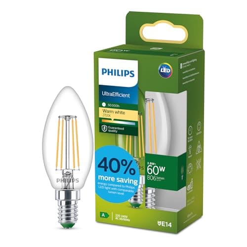 Image of Philips LED UltraEfficient Clear B35 Candle Filament Bulb, E14 Small Edison Screw, Energy Class A, 806 lm, 60W Equivalent, Warm White (2700K), EyeComfort, 50,000 Hours, 1 Pack