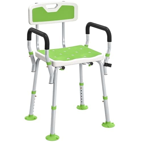 Image of HOMCOM EVA Padded Shower Chair for the Elderly and Disabled, Height Adjustable Shower Stool with Back and Arms, 4 Suction Foot Pads, Green