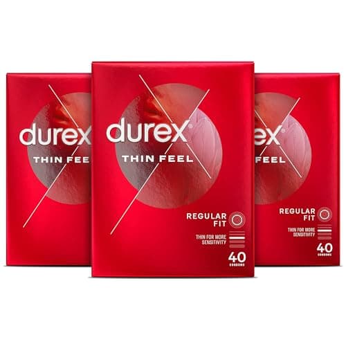 Image of Durex Thin Feel, 120 Condoms, with Silicone Lube, Easy On Shape, Regular Fit, Natural Latex, Thin for More Sensitivity, Same Durex Security and Protection, Teat Ended
