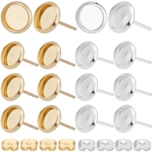 Image of Beebeecraft 1 Box 2 Colors 60Pcs Cabochon Stud Earrings 18K Gold & Sterling Silver Plated Stainless Steel Round Cabochon Stud Earring Blanks with 6mm Tray 60Pcs Earring Backs for Earring Making