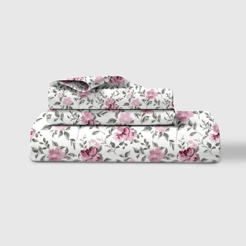 Image of LINENWALAS 100% Cotton Percale King Size Fitted Sheet Only, Printed All Around Elastic Deep Pocket up to 40 cm Premimum Bottom Fitted Bed Sheet 150x200 CM (King, Garden of Grace)