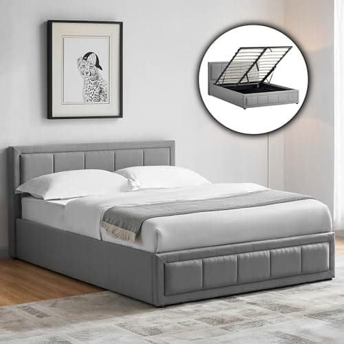 Image of Vida Designs Vanita Double Fabric Bed Frame – Light Grey – Modern Upholstered Design – 85H x 147W x 206D cm – Panel Headboard – UKFR Certified