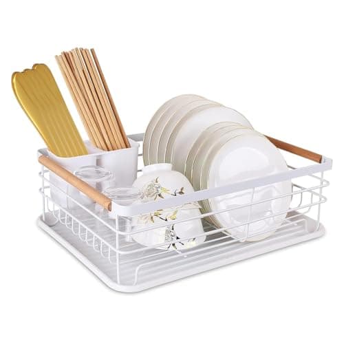 Image of Dish drainer rack with drip tray – Modern Design Draining Board Rack Wooden Handle Sink drainer rack for Pots Plate Cutlery Holder dish dryin rack drainer for Kitchen Countertop Easy Assemble (White)