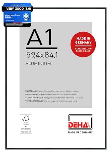 Image of DEHA Design Tribeca Aluminium Picture Frame - A1 (59.4x84.1 cm) – Brushed Black - with Synthetic Glass and Push/Turn Clips
