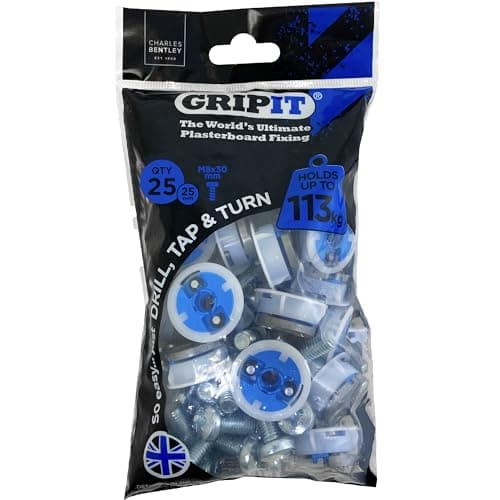 Image of Gripit Blue Heavy-Duty Plasterboard Fixings - Reusable Drywall Fixings - Pack of 25 - Holds Up to 113kg - Easy to Install Drywall Anchor for TV, Stud Walls, Kitchen Units & Boilers – UK Designed