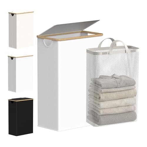 Image of efluky Slim Laundry Basket with Lid, Tall Narrow Washing Basket for Laundry, Folding Small Slimline Laundry Baskets for Dirty Clothes, 63L Cloth Storage Basket white