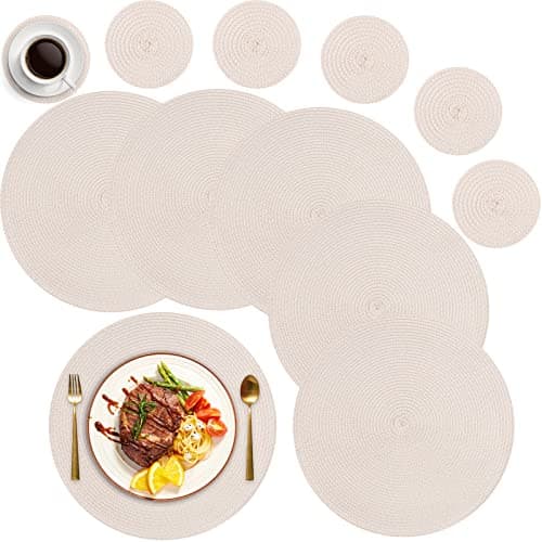 Image of MI CASA Round Placemats and Coasters Set of 6, Round Braided Woven Place Mats Washable Heat Resistant Table Mats for Kitchen Dining Table Home Restaurant, Beige