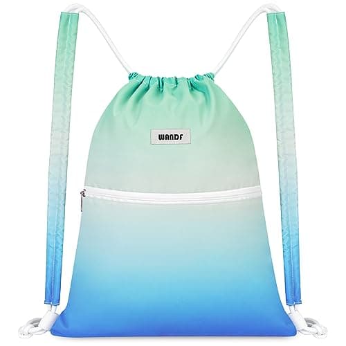 Image of WANDF Drawstring Backpack with Shoulder Pad String Bag Sackpack Cinch Water Resistant Nylon for Gym Shopping Sport Yoga (Blue-Green Gradient)