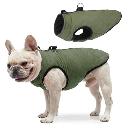 Image of SCENEREAL Winter Dog Vest Coat with Harness Built In, Warm Puppy Jacket for Small Medium Dogs, Cold Weather Coats with Zipper, Fleece Puffer Vest Windproof Snow Clothes, Olive L