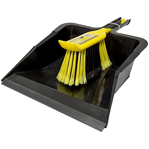 Image of CHARLES BENTLEY BULLDOZER Heavy Duty Dustpan And Brush Set With Stiff, Soft PVC Bristles, Serrated Edges, Front Scraper, Rubber Lip, Suitable For Garden And Indoor Use, Black And Yellow (44x28.5cm)