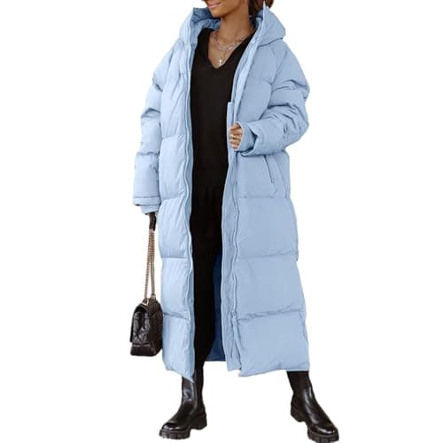 Image of EsukAr Women Long Quilted Coat Hooded Maxi Length Long Sleeve Puffer Jacket Padded Coat Winter Outerwear,blue,M
