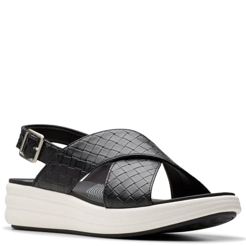 Image of Clarks Women's Drift Sun Wedge Sandal, Black Woven Synthetic, 4.5 UK