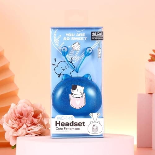 Image of QearFun Cat Earbuds for Kids in-Ear Headphones,Kid Size Flat Cable Wired Earbud,Earphone with Microphone and Lovely Earphones Storage Case,Ideal Gifts for School Girls and Boys (Blue)