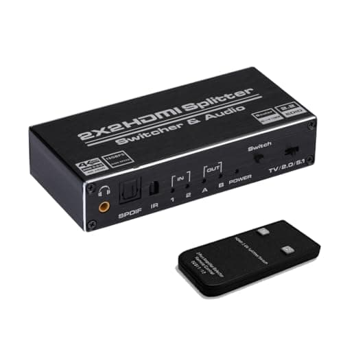 Image of HDMI Switch 2x2, 2 Ports HDMI Switch Splitter 2 in 2 Out with IR Remote Control, Support HDMI 2.0, HDCP 2.2, Ultra HD, 4K x 2K@60Hz, 3D, 1080P (Dual Monitors Duplicate/ Mirror Only)