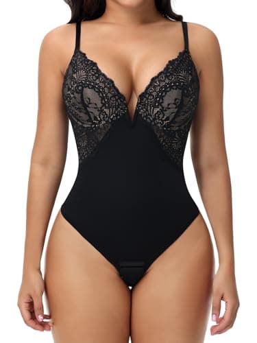 Image of SHAPERIN Women Lace Shapewear Bodysuit Tummy Control Thong Bodysuit with Bra Sexy V Neck Slimming Bodysuit Tops, Black, L