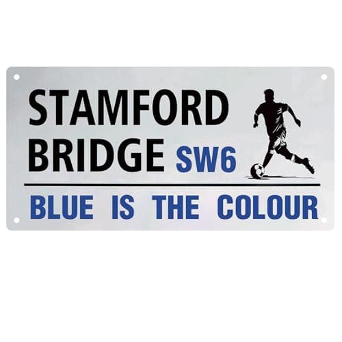 Image of Football Club Metal Street Sign for Chelsea, Stamford Bridge Street Sign with 4 Pre-drilled Hanging Holes, Chelsea FC Gifts for Men Boys Merchandise, 11.8x 5.9 in