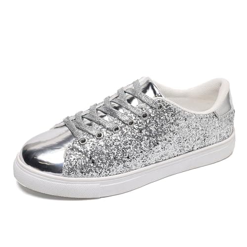 Image of Clearance UK 6.5 Women's Glitter Lace up Sneakers Sparkly Sequins Fashion Sneakers Shoes Shiny Casual Shoes Bling Concert Low Cut Dress Shoe Silver
