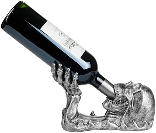 Image of BRUBAKER Wine Bottle Holder Skull - Bottle Holder Drinking Skull with Skeleton Hand Silver - Bottle Stand Deco Figurine Hand Painted Wine Accessories - Funny Decoration - Wine Gift