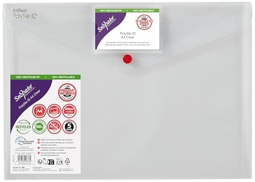 Image of Snopake A4 Polyfile ID Popper Wallet with Press Stud Closure – Clear [Pack of 5] Ref: 12560