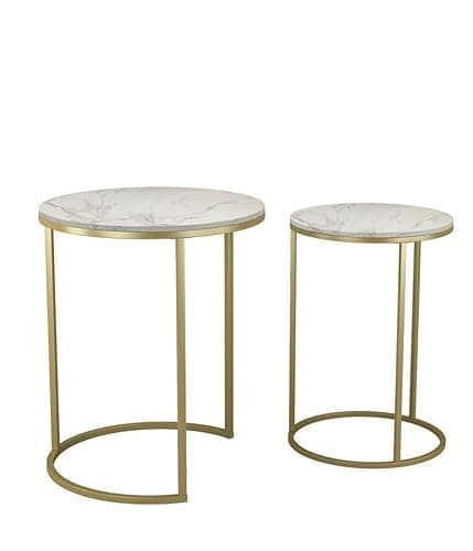 Image of URBNLIVING 2 Pcs Round Nesting Stacking Sofa Side Bedside End Tables Set White Marble Wooden Top with Gold Metal Legs Modern Space Saving Accent Coffee Tea for Living Room Bedroom Office