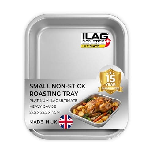 Image of Chabrias Ltd UK-Made Roasting Tray with ILAG Ultimate Non-Stick Coating - 28 x 23 x 4cm - Heavy Duty Carbon Steel Roasting Tin, Deep Oven Tray for Roast Chicken, Meat, Vegetables & Baking - Small 11"