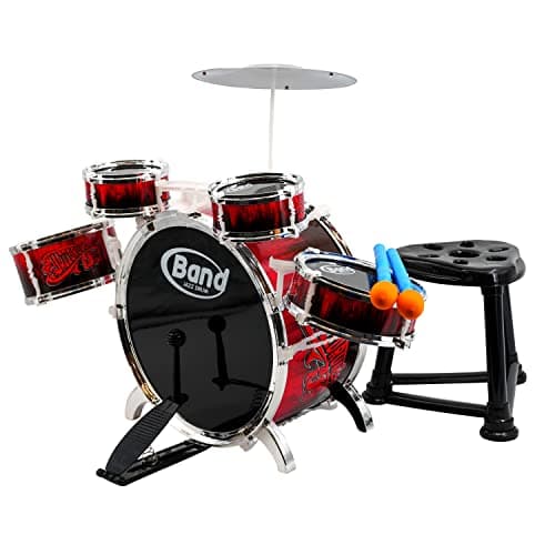 Image of The Magic Toy Shop Red & Black Kids Drum Kit - Junior 5 Piece Jazz Percussion Set with Stool, Sticks & Pedal - Beginner Musical Instrument Toy for Boys & Girls Age 3+