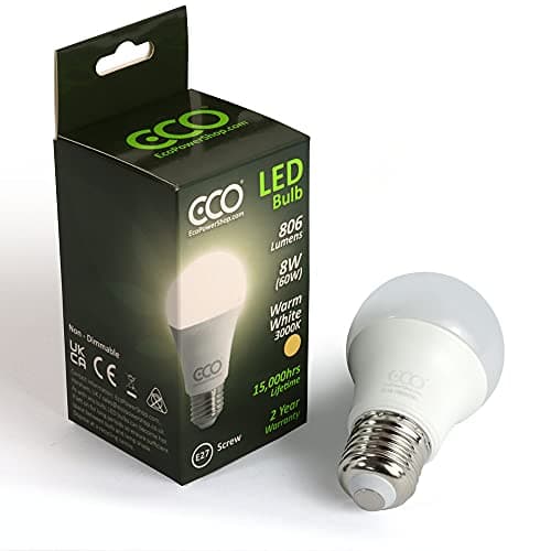 Image of ECO 60W E27 Edison Screw Energy Saving LED Light Bulb, Low Energy 8W LED, 806 Lumens, Warm White 3000K, 15,000Hrs Lifetime. 1x Pack.