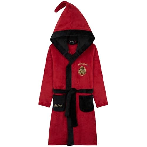 Image of Harry Potter Girls Fleece Dressing Gown with Hood Pockets Tie Waist, Cosy Robe - Gifts for Girls (Red/Black, 11-12 Years)