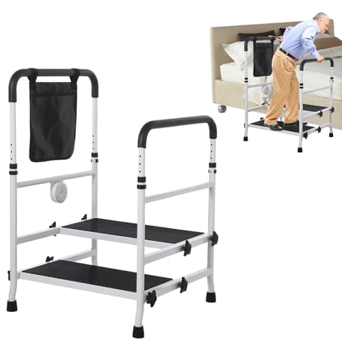 Image of Dual Step Stool with 2 Handles – Height Adjustable Bed Steps, Non-Slip Platform & Rubber Feet, Heavy Duty 200kg Capacity Ladder for Bedside, Kitchen, Car, Motorhome & Bathtub