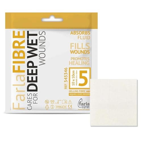 Image of FarlaFIBRE Gelling Fibre Dressing 10 x 10cm, 5 Pcs - Highly Absorbent Dressing for Wet Wounds, Rapid Gel Action - Single-Piece Removal, Eco-Friendly, Multi Layered Adhesive Wound Dressing