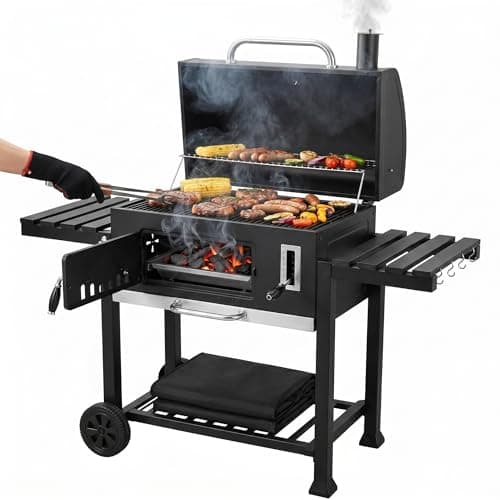 Image of XXL Charcoal BBQ Grill with Cover - Includes two Foldable side tables Charcoal BBQ – Barbecue with Warming Rack, Adjustable Height, Temperature Gauge, Ash Tray, Storage Shelf, Wheels