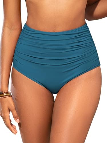Image of SHEKINI Women Shaping Swimwear Bottoms High Waisted Bikini Bottom Tummy Control Ruched Swim Brief Bottom, Blue, Medium
