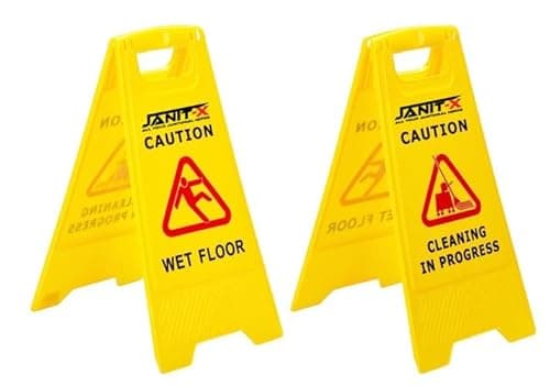 Image of Janit-X Caution Wet Floor & Cleaning In Progress Yellow Warning A-Frame 63cm x 30cm (2 PACK)