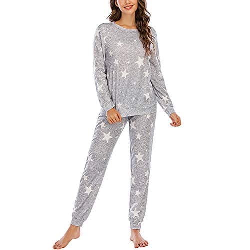 Image of Chiatai Womens Pyjamas Set Long SleeveCasual Soft Cotton Sleepwear Star Print Nightwear Pjs Lounge Sets White Stars S