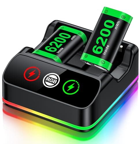 Image of HELLCOOL Xbox Controller Battery Pack with Charger, 2 x 6200mWh Rechargeable Batteries – 20+ Hours Playtime, RGB Charging Dock, Compatible with Xbox One/Series Controller Interactive Gaming Figures