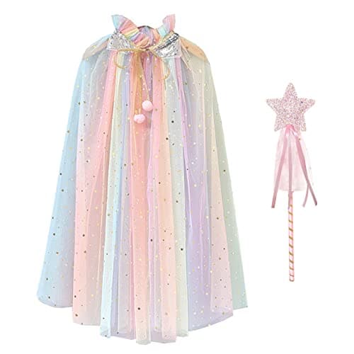Image of Cosysparks Princess Cape for Girls, Colorful Princess Cloak Sparkling Sequins Tulle Cape Fancy Dress Halloween Costume with Fairy Wand for 6-10 Years Old Girls (Colorful)