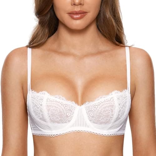 Image of DOBREVA Women's Lace Balconette Bra Half Cup Non Padded Push Up Underwire Sheer Bras White 36DD