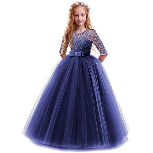 Image of IWEMEK Flower Girls 3/4 Sleeve Floral Lace Tulle First Communion Pageant Dresses Kids Big Girls Princess Birthday Carnival Christmas Bridesmaid Wedding Party Prom Ball Gown Navy Blue 9-10 Years