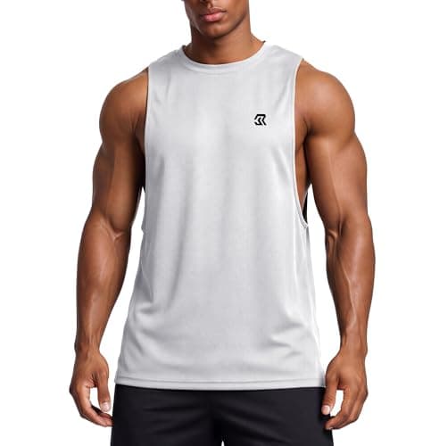Image of Men Mesh Sport Tank Top Deep Armhole Split Hem Sleeveless Training Vest Loose Fit Breathable Workout Shirt for Gym Running Fitness Summer Wear White L